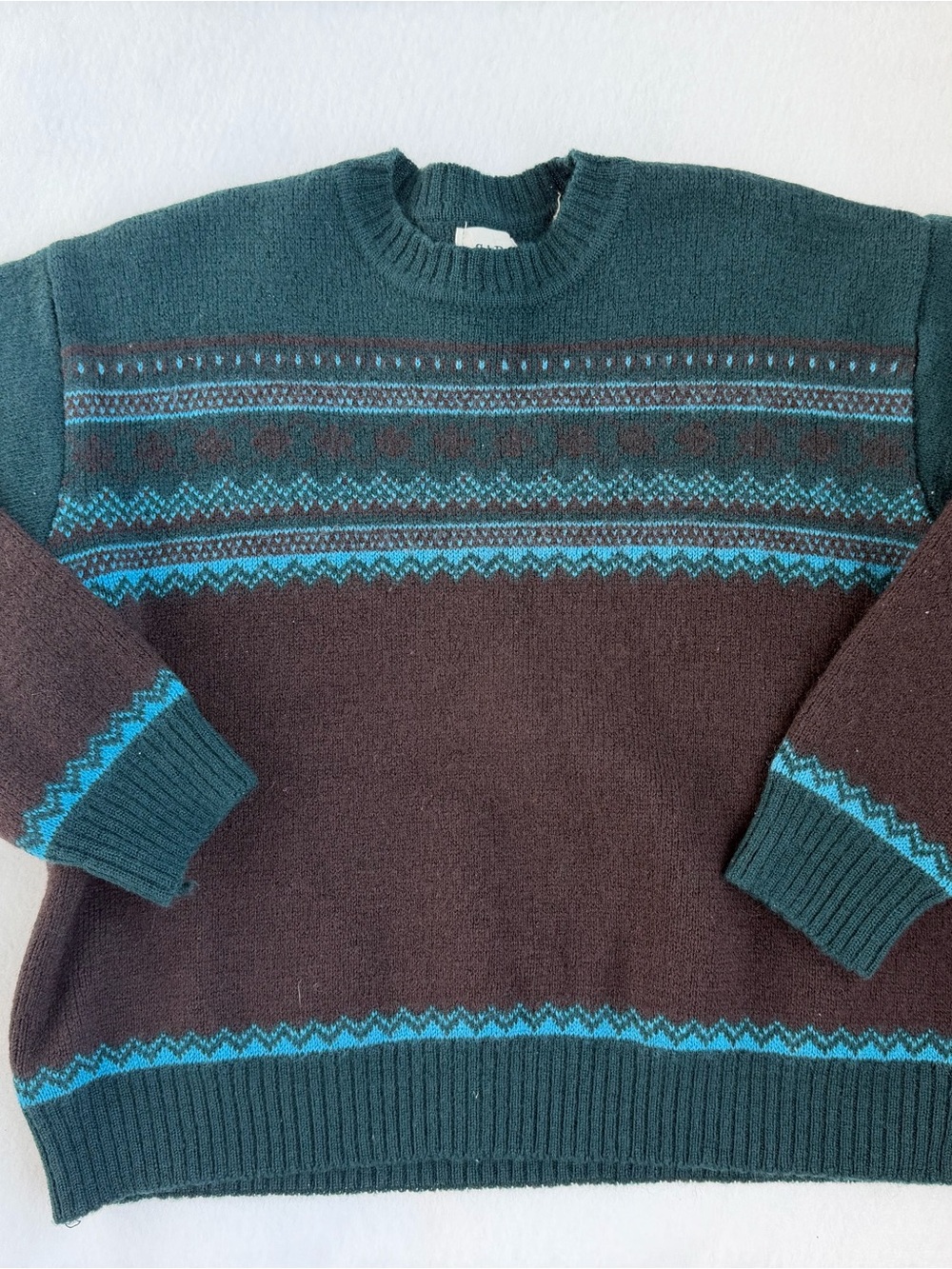 Vintage GAP 100% Wool Fair Isle Nordic Knit Sweater Teal Brown Size S